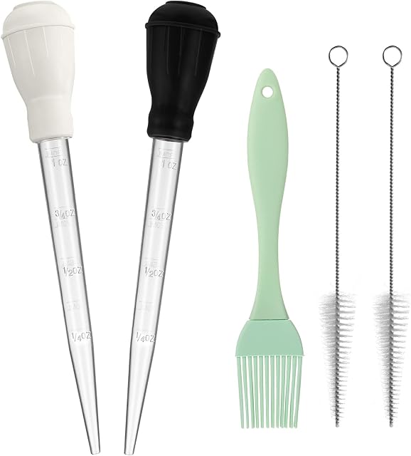 Nylon Heat-Resistant Turkey Baster Cooking Set Includes Meat Baster, 1 Silicone Basting Brush and 2 Cleaning Brush for BBQ Grill Baking Kitchen Cooking (Black White, 5 Pieces)