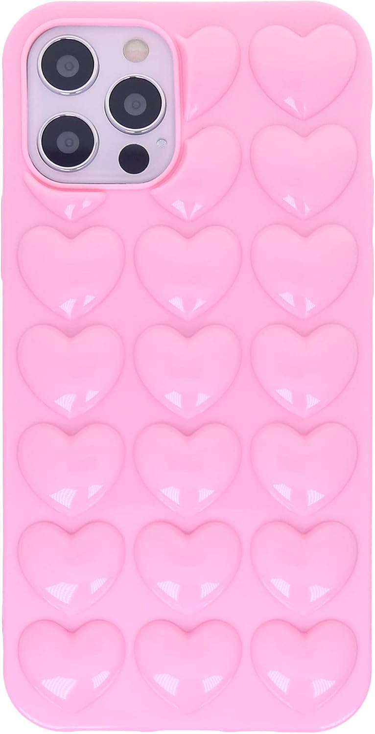 for iPhone 12 Pro Max Case for Women, 3D Pop Bubble Heart Gel Cover, Cute Girly for iPhone12 Pro Max 6.7 inch - Pink