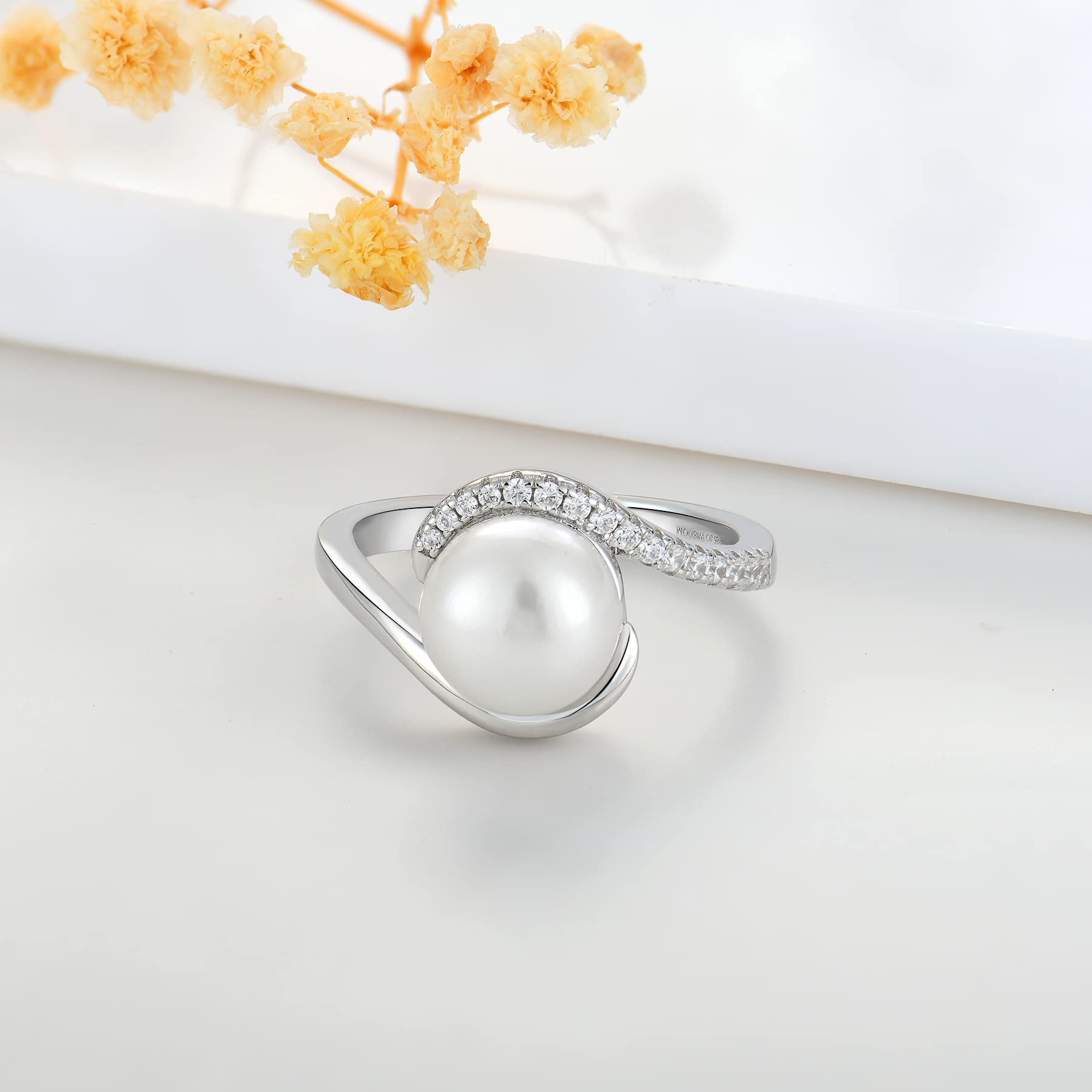 JO WISDOM Damen Ring Silber 925 mit 3A Zirkonia,Perlenring mit 9mm Süßwasserperle,Schmuck für Frauen