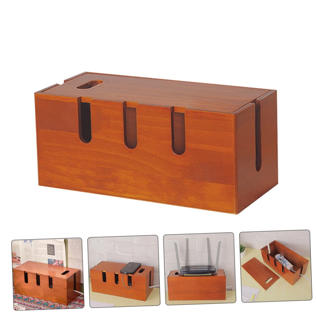 Scatola Organizer Cavi in Legno Marrone per Scrivania | Contenitore per Prese e Fili, Aspetto Moderno Semplice, Installazione Facile