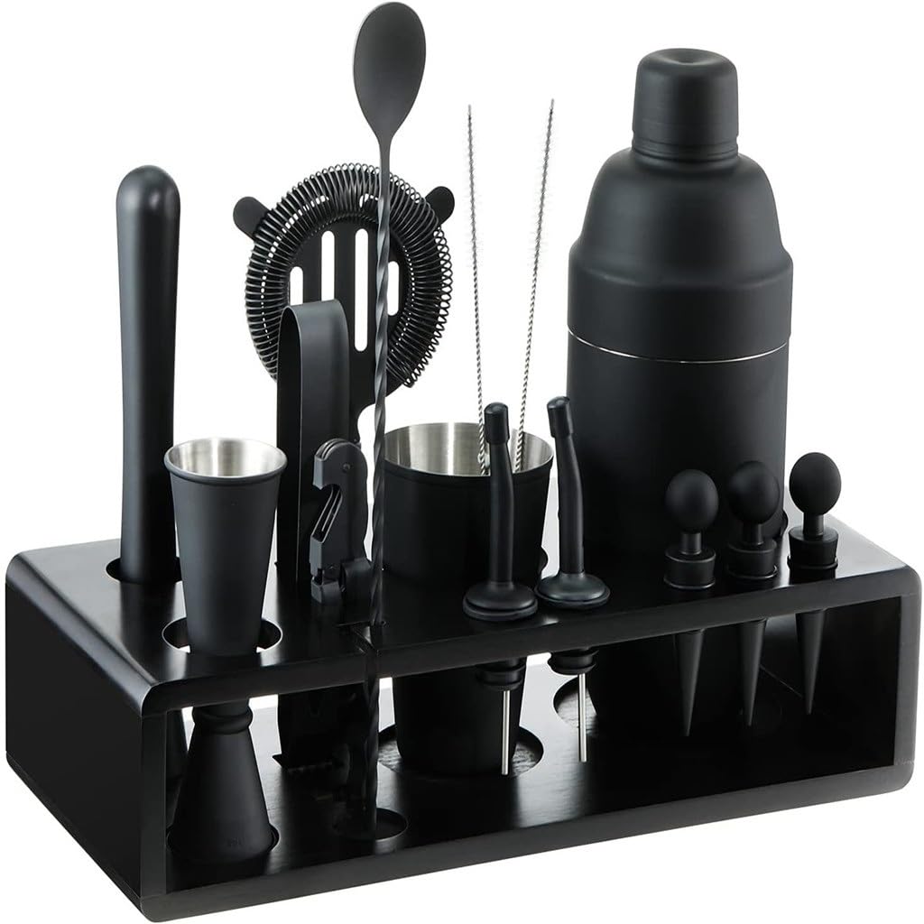 Shaker à cocktail en acier inoxydable avec son support en bois et set de 16 verres à shot inclus