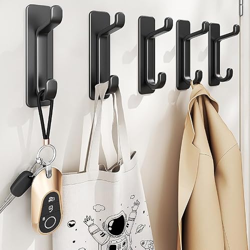5 Pack Black Wall Hooks for Coat and Towel, Strong Adhesive Door Hanger Stick on for Bathroom and Kitchen