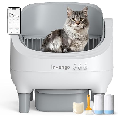Automatic Cat Litter Box Self Cleaning, App Control, Open-Top Automatic Litter Box with Safety Sensors, Ultra-Quiet, 10L Waste Bin with Odor Control, 2 Rolls of Garbage Bags, Grey White