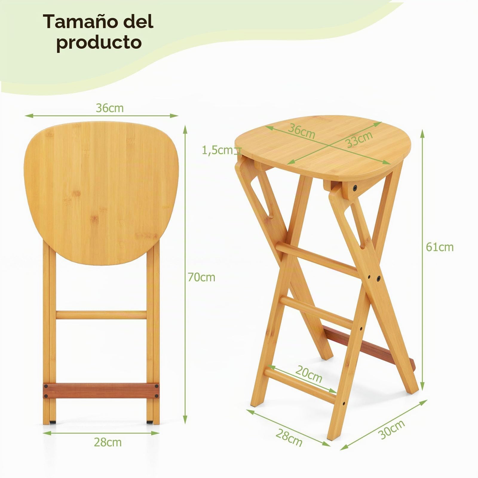 LIFEZEAL Juego de 2 taburetes de Bar de bambú, sillas Altas Plegables con reposapiés, Silla Alta Barra ergonómica sin Montaje, para Cocina, balcón, Carga 150 kg