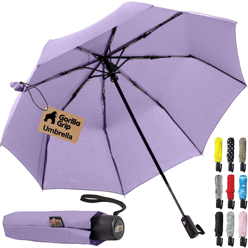 GORILLA GRIP Compact Travel Size Umbrella for Rain, Purple