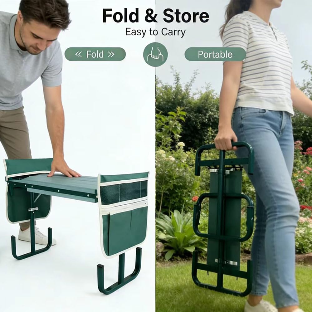 Banc de Jardinage Pliable 2 en 1, 60x52x27cm Tabouret Agenouilloir de Jardin, Tabourets de Jardinage, Repose Genoux Jardin, avec Pochette de Rangement avec Coussin Doux en EVA (Vert)