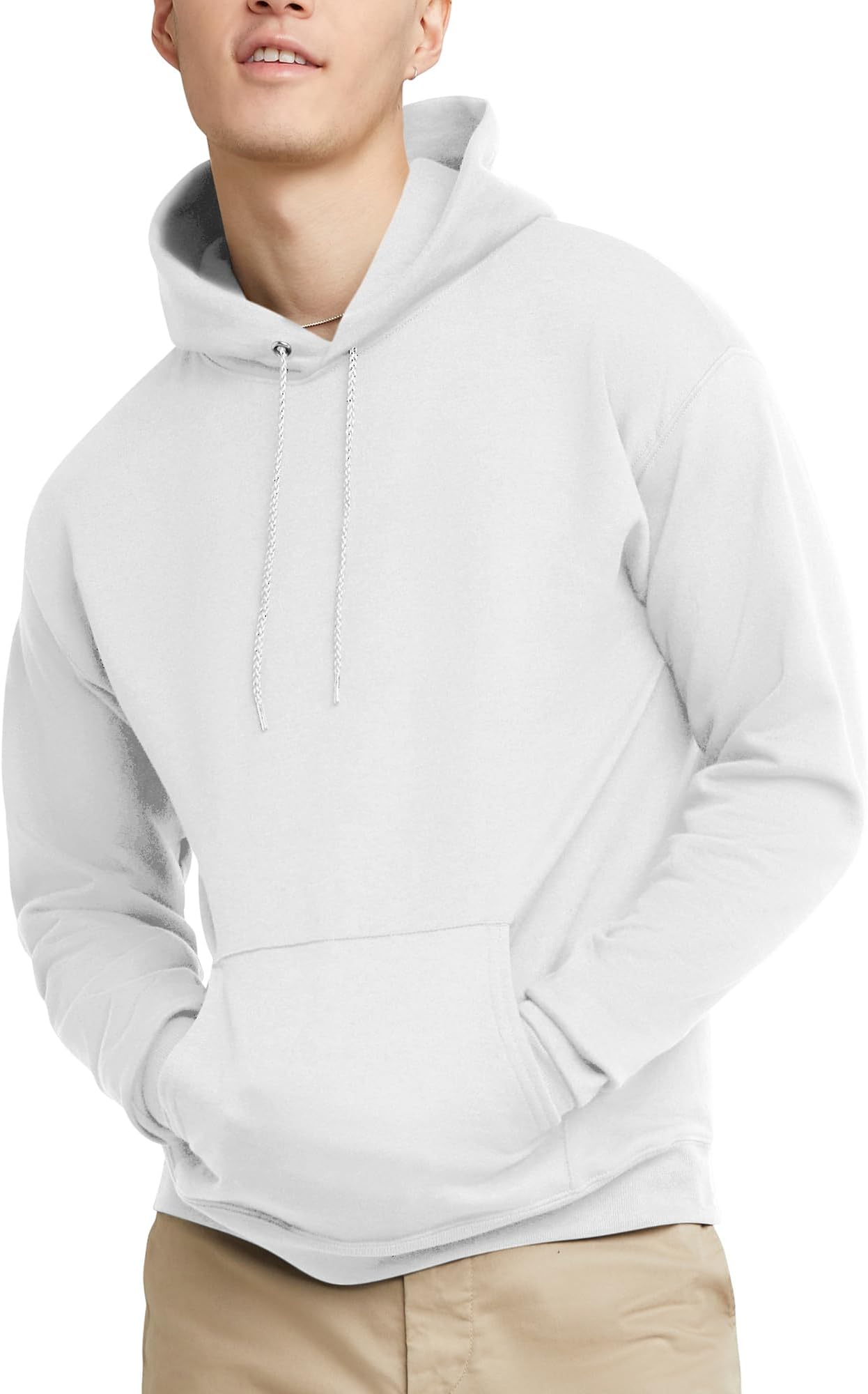 Hanes Men's Pullover EcoSmart Fleece Hooded Sweatshirt, White, Medium