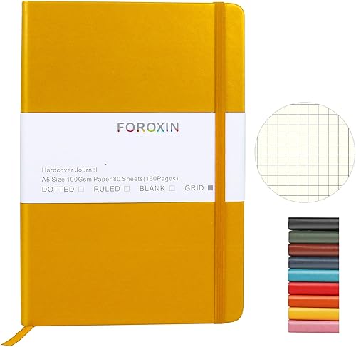 Cuaderno cuadriculado con diseño de viñetas, cubierta de cuero amarillo, 8.3 x 5.7 pulgadas, 160 páginas, papel de 3.53 ozm, tapa dura con bolsillo