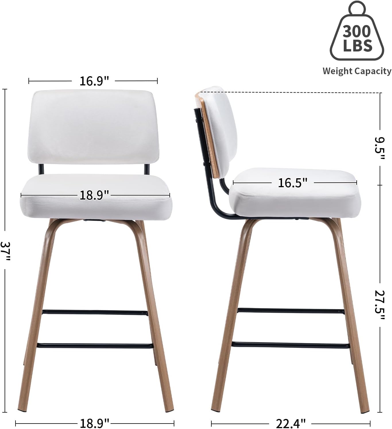 27.5" Modern Bar Stools Set of 2, Velvet Upholstered 360° Swivel Barstools with Comfy Back and Metal Legs, Mid-Century Armless Counter Height Bar Stools for Kitchen Island, Cafe, Pub, Bar (White)