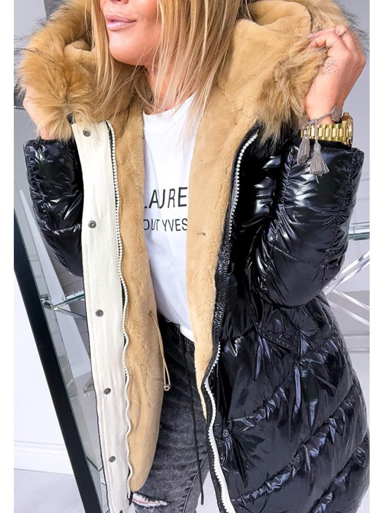 Chaqueta Acolchada Brillante del Invierno de Las Mujeres Abrigo Largo Grande del Cuello del Pelo Abajo Cremallera Completa Caliente con la Chaqueta Acolchada de los Bolsillos