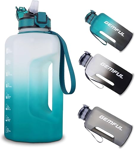 GEMFUL Botella de agua motivacional de 2.2L con popote y medidas, sin BPA, jarra de medio galón para gimnasio, fitness, a prueba de fugas con asa