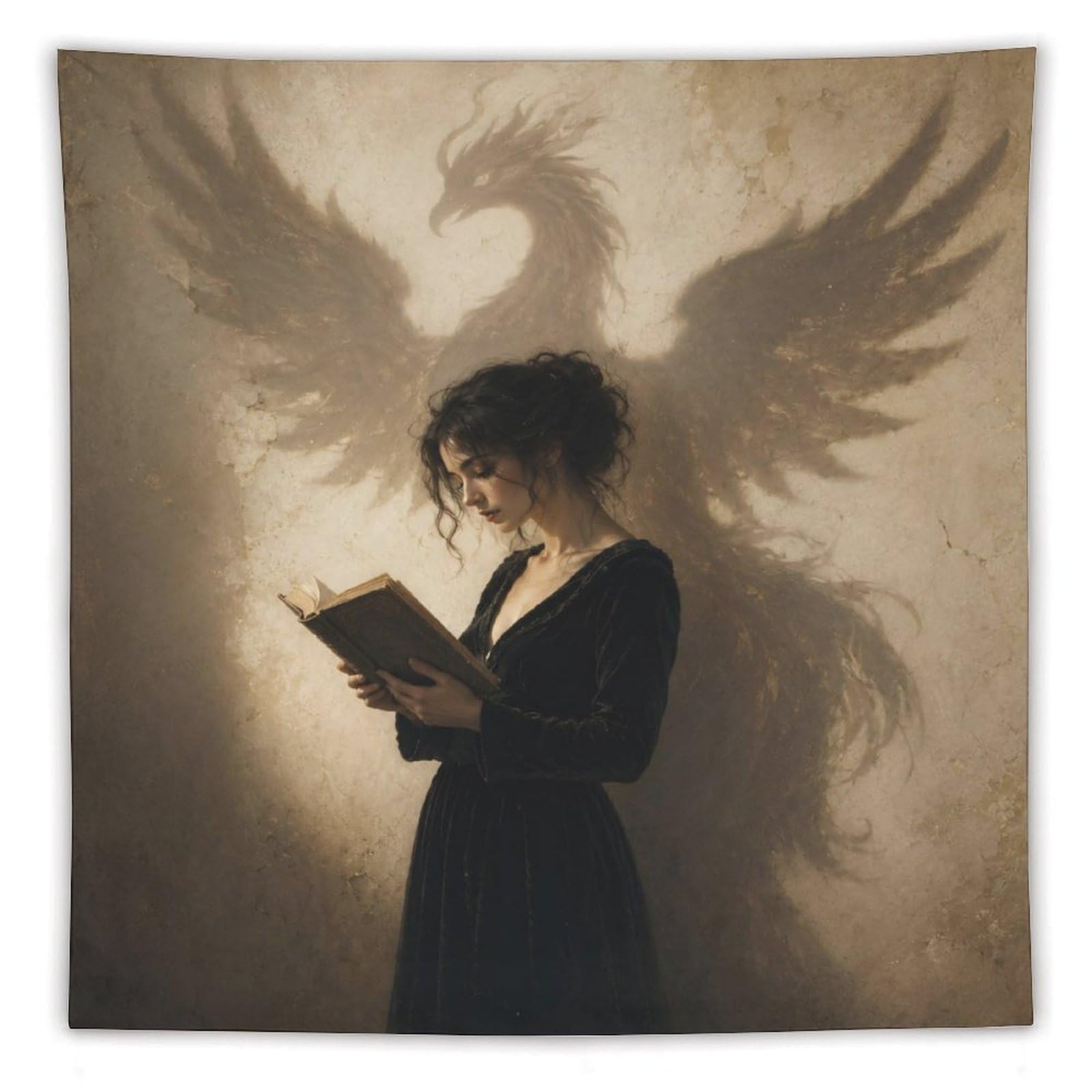 W7C8U2X3 Woman Phoenix Shadow Wall Tapestry, Fantasy Illustration Style