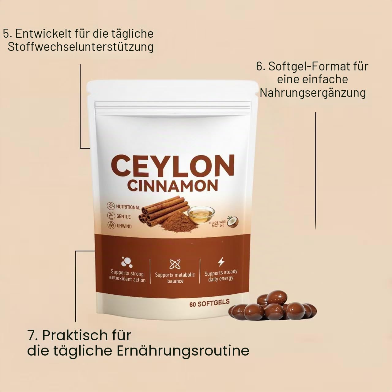 Ceylon-Zimt mit MCT-Öl, zur Unterstützung des Stoffwechsels, hoch bioverfügbar, 60 Stück,3pcs
