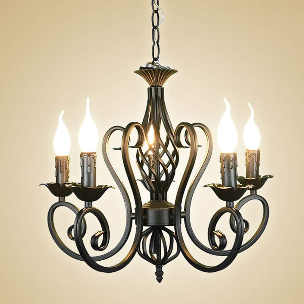 E14 Pendelleuchte Kronleuchter Kerze Vintage Elegante Esszimmer Wohnzimmerlampe Schwarz, Rund Hängelampe für Landhaus Rustikal Arbeitszimmer Esstisch Design Lampe, 5-flammig, Höhenverstellbar, L52cm