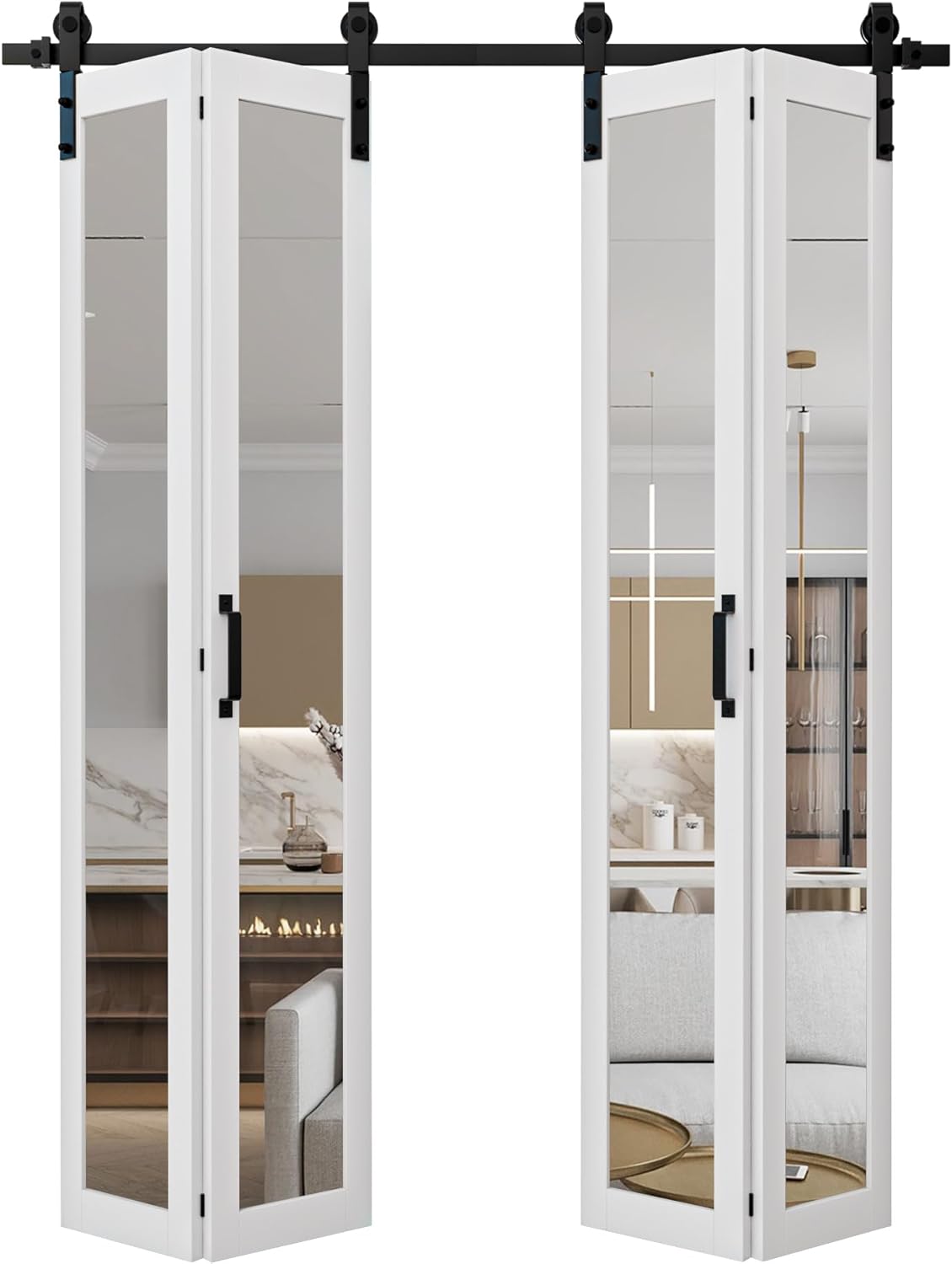 72" x 84" Full Mirror Bi-Fold Barn Door with Hardware Kit Included, Pre-Assembled Panel HD Explosion-Proof Bi Fold Barn Door for Pantry, Closet, Primed White Finish with Water Resistance, Paintable