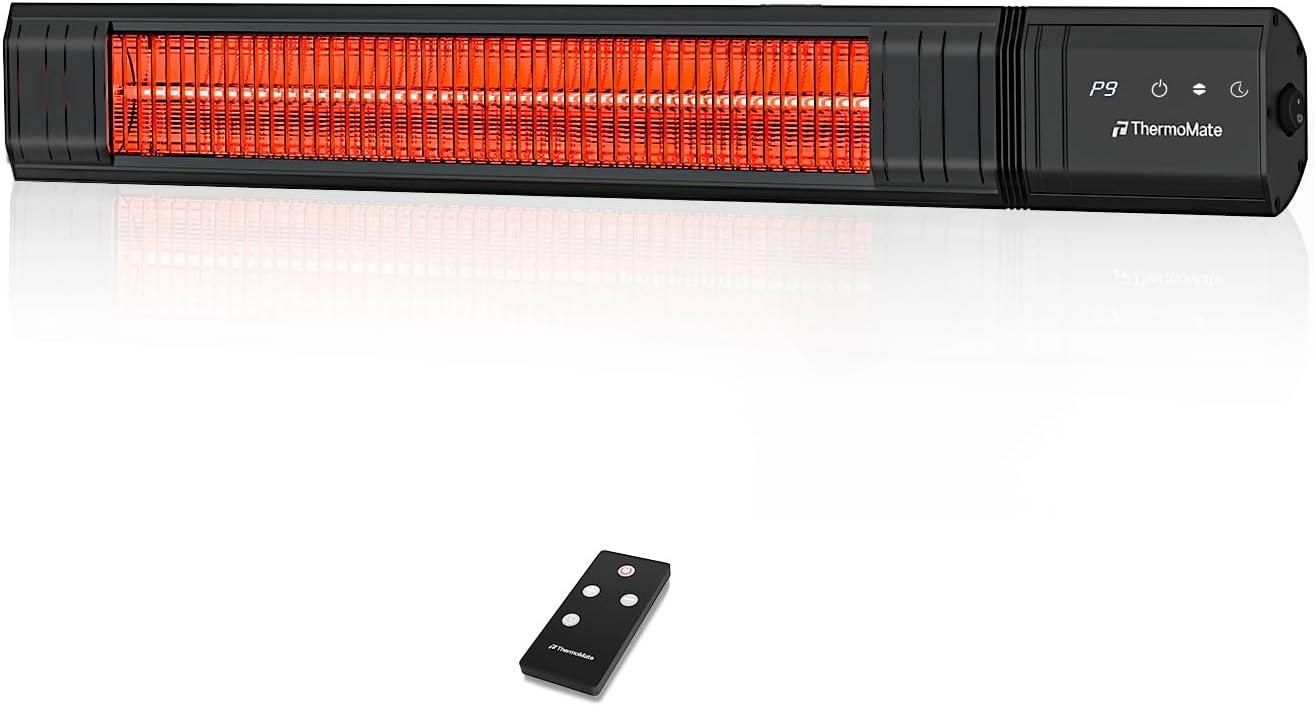 ThermoMate Infared Patio Heater for Outdoor, Electric 1500W IP65 Waterproof with Remote, 9 Heating Levels & 24H Timer for Restaurant Backyard, Plug-in 120V Black 32"