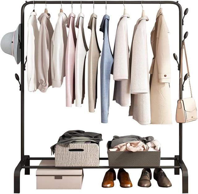 Anmas Box Clothes Rail Garment Rack with Shelves, Metal Cloth Hanger Rail Stand Coat Clothing Rack with 6 Side Hooks, Tidy Rails with Tier Lower Storage Shelf for Shoes Boxes (Black)