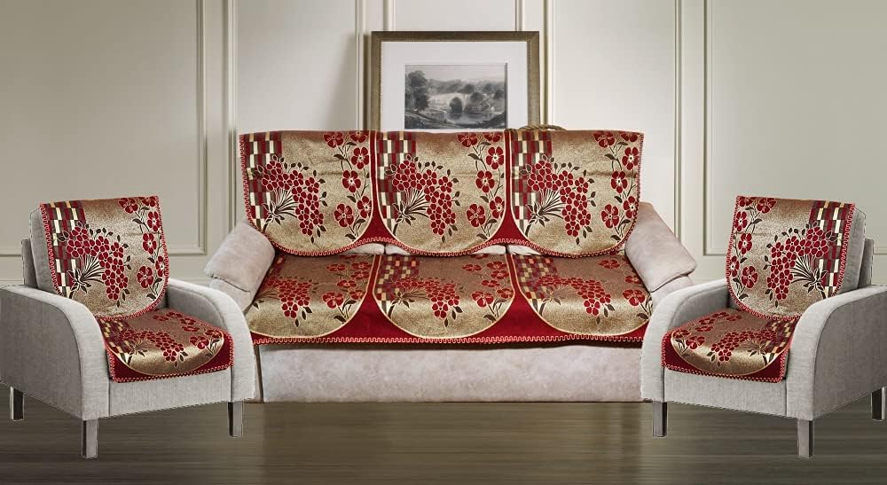 Griiham Sofa Cover Set for 5 Seater Sofa - (3+1+1) 3 Seater & 2 Seater Fully Covered, 10pcs Floral Abstract Design Slipcovers AT04 (Maroon Colour)