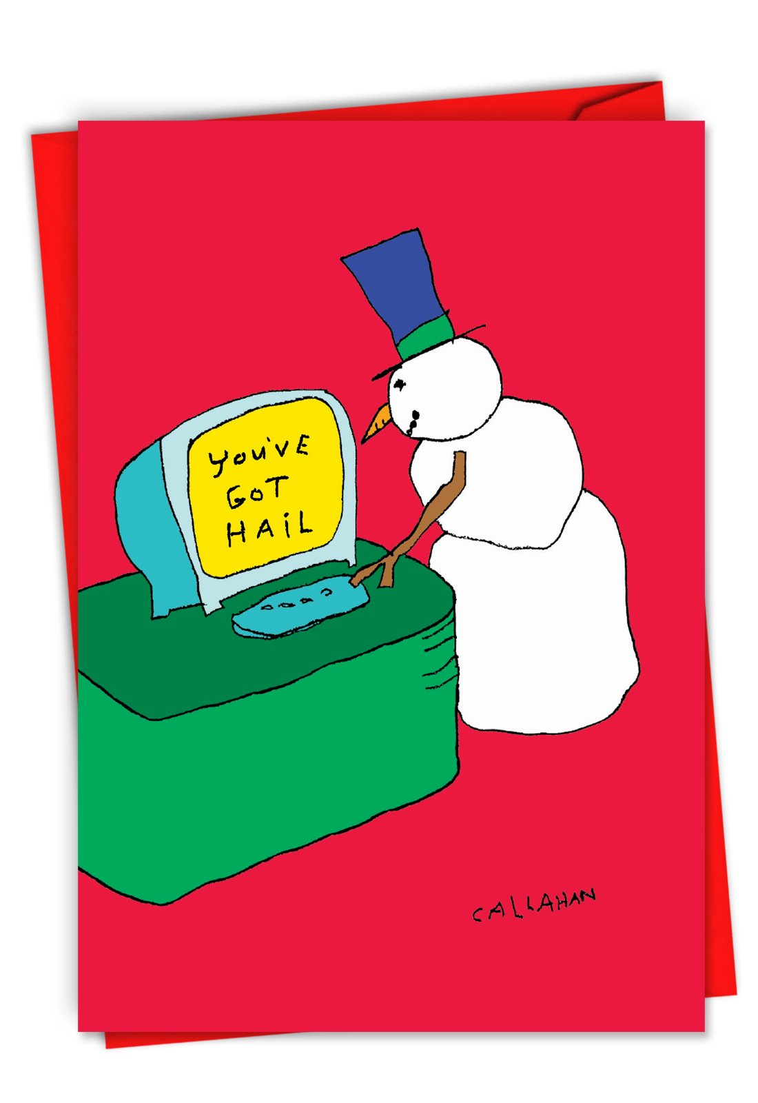 John Callahan's You've Got Hail - Humorous Merry Christmas Greeting Card with Envelope (4.63 x 6.75 inch) - Funny High-Tech Snowman, Cartoon Happy Holidays & Xmas Note Card C6185XSG