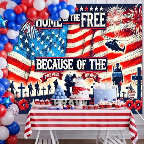 Image of BlissYard 4th of July Backdrop Banner 8x6ft Home of the Free Because of the Brave Patriotic Veterans Tribute American Flag Decorations for Memorial Day Veterans Day Independence Day