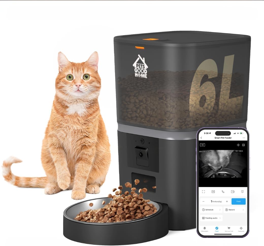Smart Pet Feeder with Camera – 6L Automatic Feeder for Cats & Dogs. App Control, HD Night Vision & Dual Power System, 2 Way Audio – Matte Black