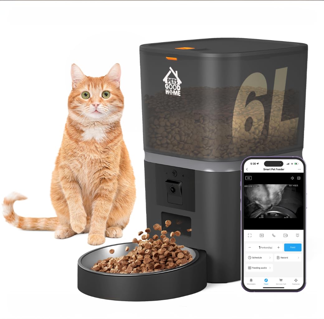 Automatic Cat Feeder with 1080P HD Camera – Timed Dry Food Dispenser for Cats and Dogs, App Control, 6L Capacity, Portion Control, Scheduled Meals, Two-Way Audio