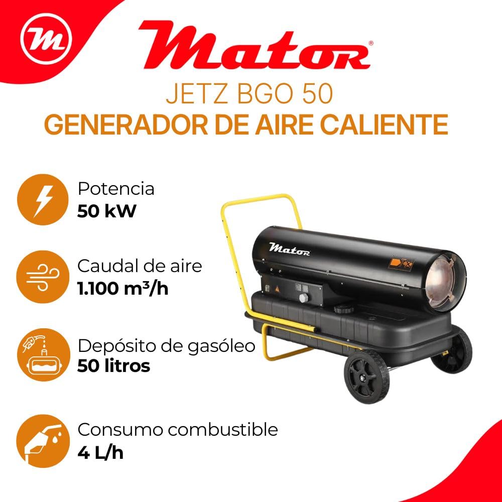 Cañón de calefacción JETZ BGO 50. Combustión directa. Generador de aire caliente - Potencia calorífica 50 kW - 43.058 kcal/h - Caudal de aire 1.100 m³/h. Trifásico.