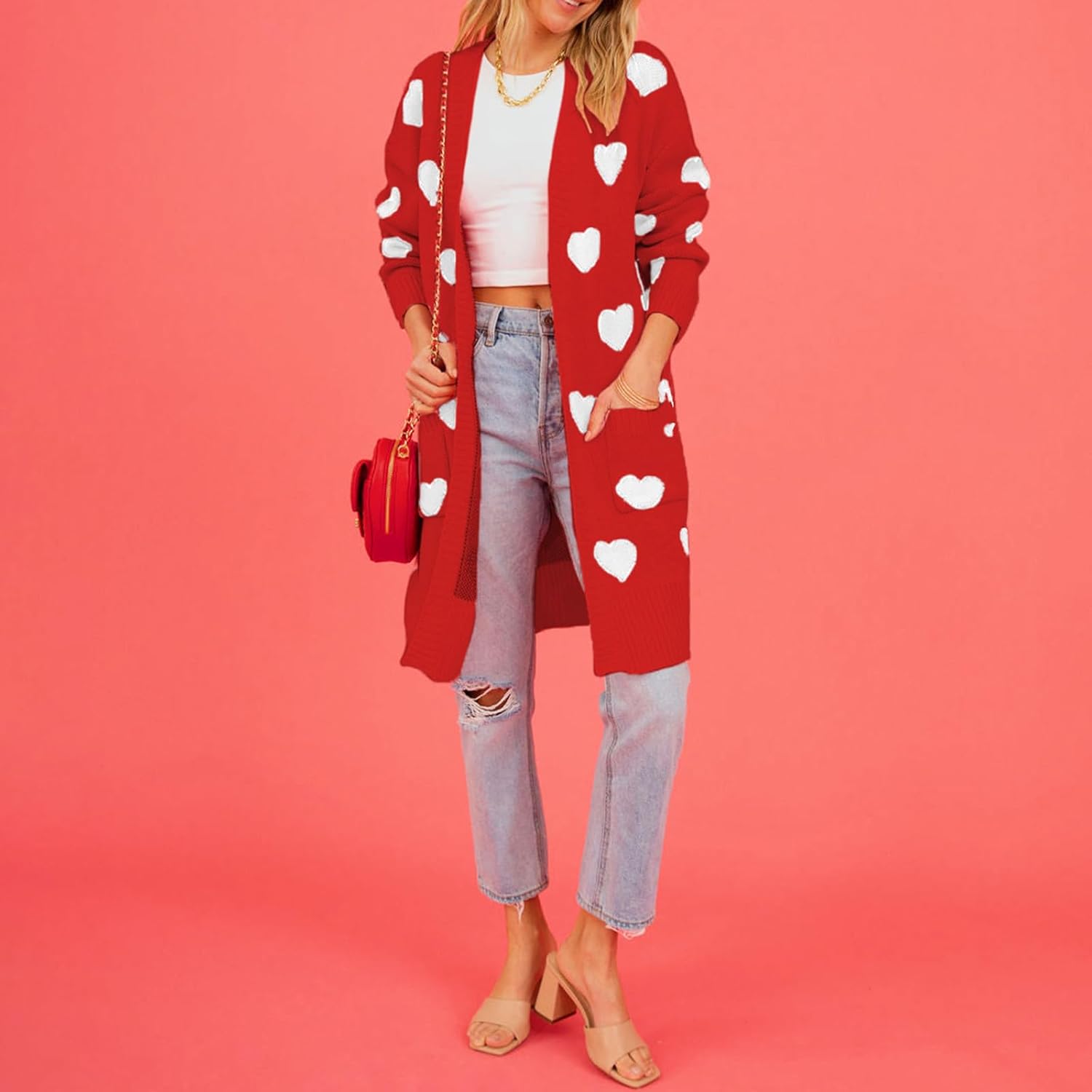 Heart Cardigan for Women Long Sleeve Button Open Front Valentines Cardigans Y2K Knitted Sweater Outerwear