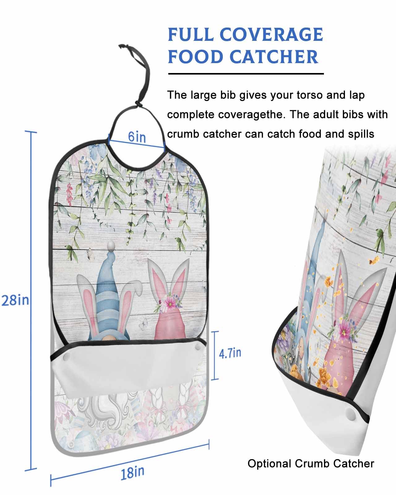 LEOKOTI Blue Pink Gnomes Easter Adult Bibs for Eating, Waterproof Bibs with Food Catcher & Snap Closure, Spring Floral Botanical Farmhouse Washable Clothing Protectors Adult Bibs for Elderly