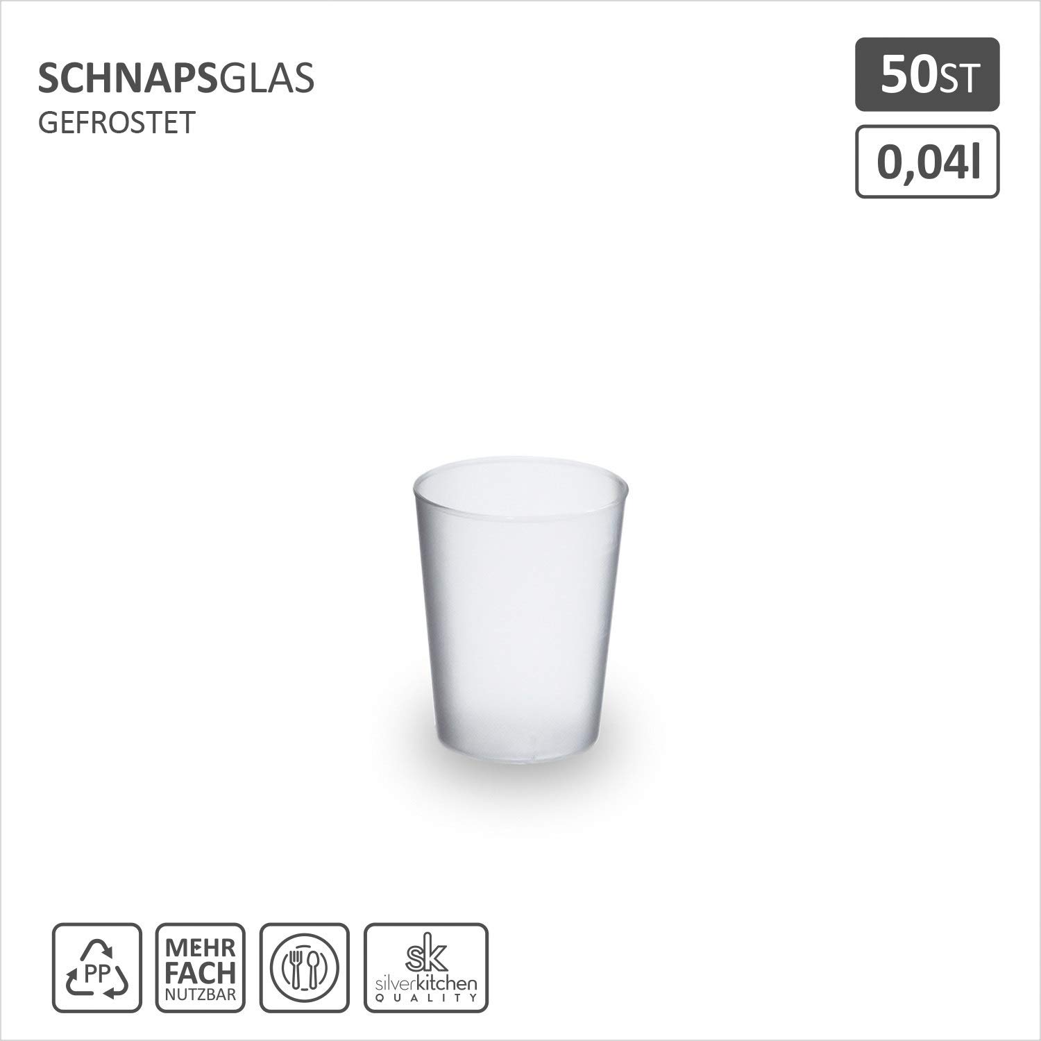 50 x kieliszek do wódki 2 cl / 4 cl, mrożony – nietłukący kubek wielokrotnego użytku, kubek do shotów, z tworzywa sztucznego PP, wyprodukowano w Niemczech, srebrny