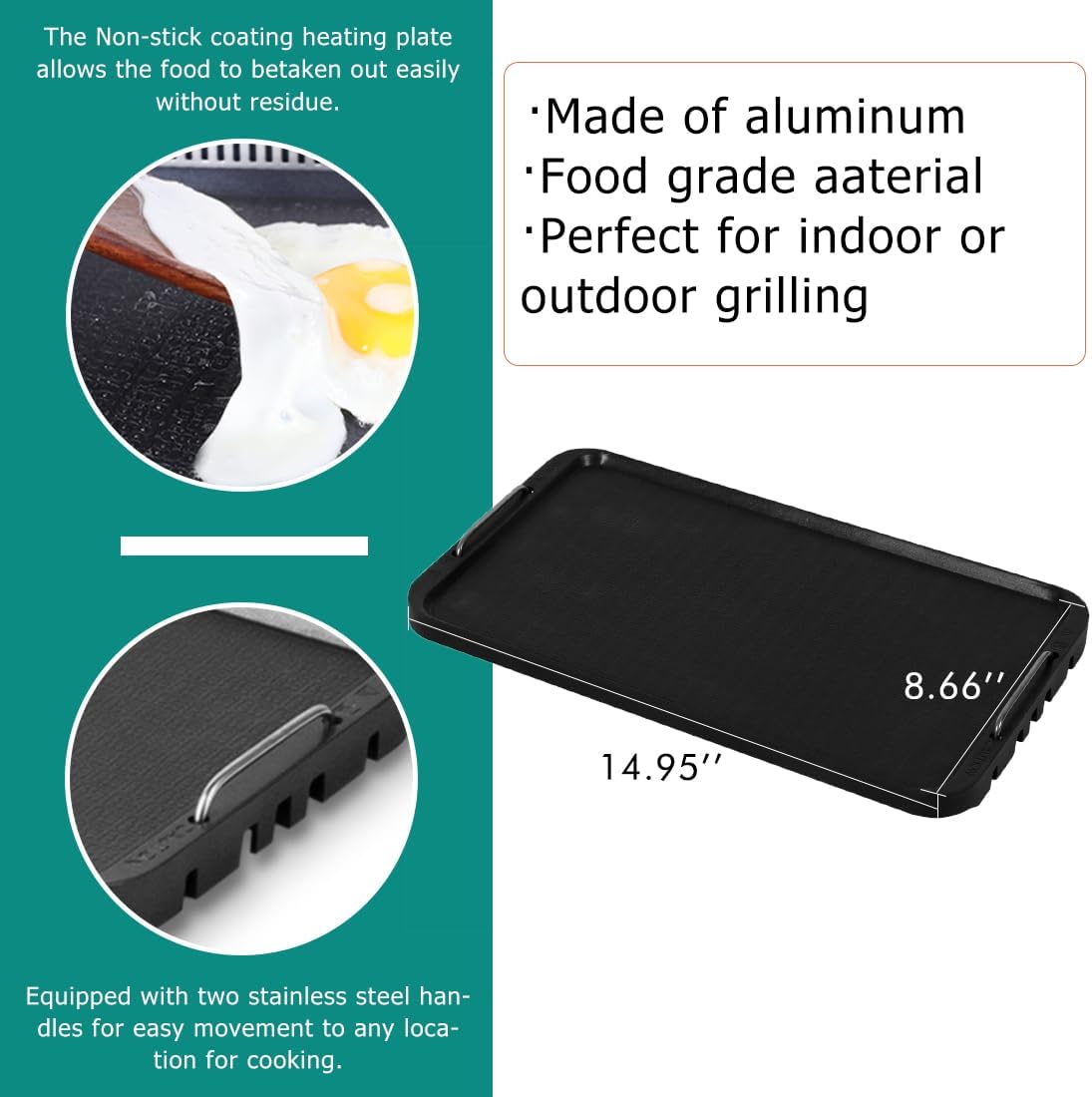 Cusimax Stove Top Griddle, Non-Stick Pancake Griddle, Flat Top Grill for Gas Stove/Charcoal Grills/Smokeless Grills/Outdoor Grill or Campfire, Aluminum, Dishwasher Safe, 14.96" x 8.66"