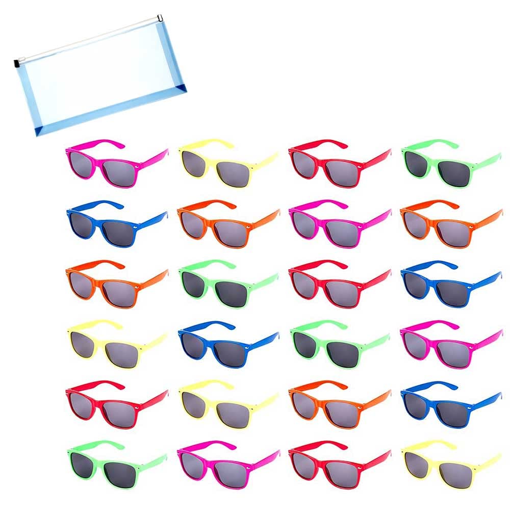 Omura Party Supply | 24 Pc Neon Kids Sunglasses | Bonus: Multi-Purpose #10 Size Pouch (Color May Vary)