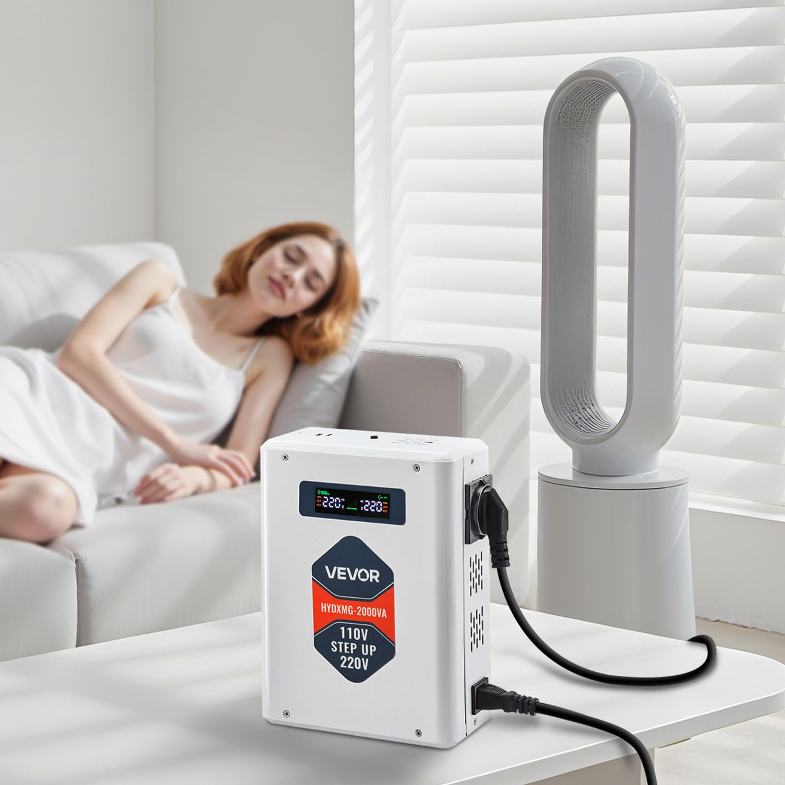 VEVOR Convertidor Elevador de Voltaje 2000 VA, de 110 V a 220 V, con 2 Tomas de Corriente de la UE, Salida USB, Pantalla LCD, Protección de Temperatura, para Electrodomésticos de 220 V, Blanco