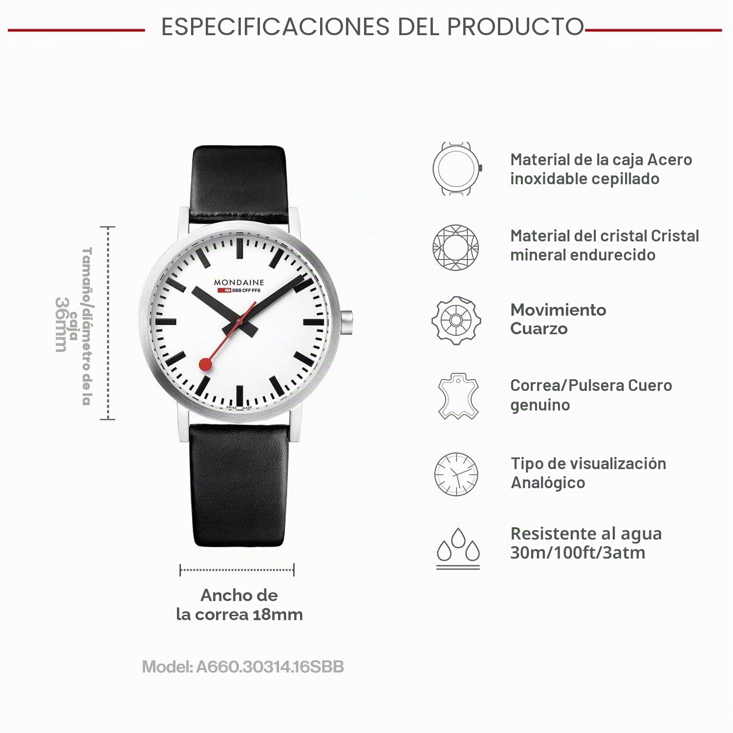 Mondaine Classic - Reloj de Cuero Negro para Hombre y Mujer, A660.30314.16SBB, 36 MM