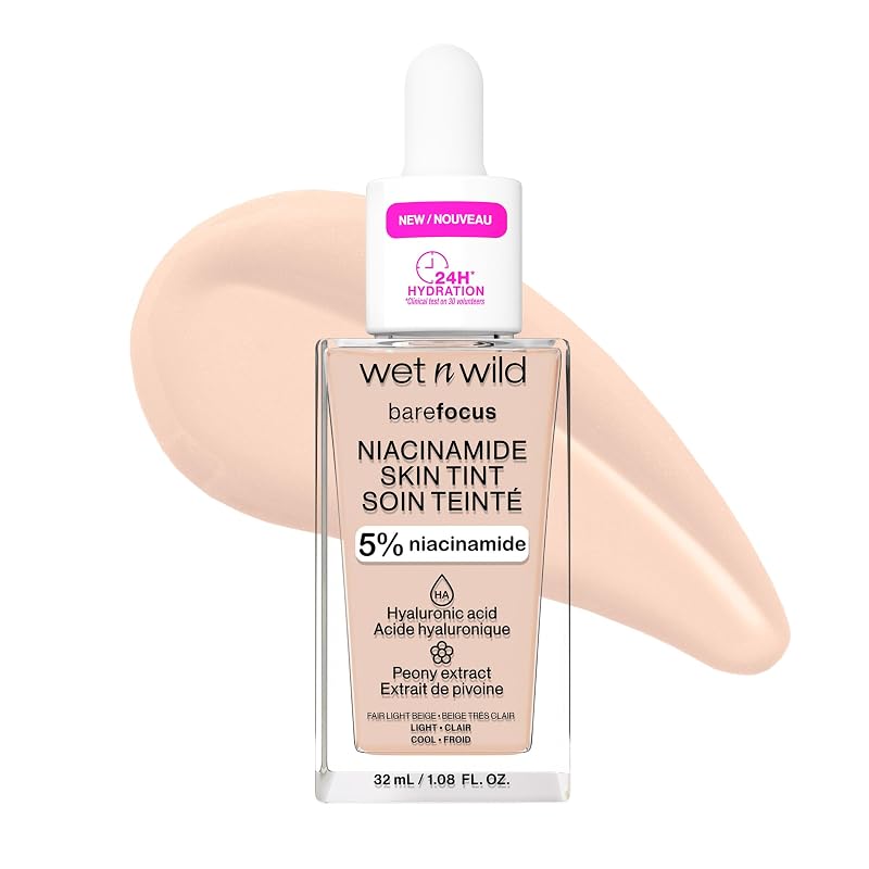 Hidratante com cor wet n wild Bare Focus Skin Tint, Niacinamida 5%, ácido hialurônico e vitamina E, acabamento natural, Fair Light Beige