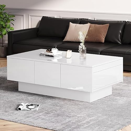 BTM High Gloss Coffee Table with 2 Drawers and 2 Big Storage Space, White Coffee Table with Sotrage for Home Office, 100 * 55 * 35 cm