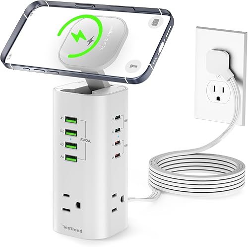 Regleta protectora contra sobretensiones en torre con 3 salidas de CA y 8 puertos USB (4 USB-C), estación de carga rápida TenTrend de 160 W, cable