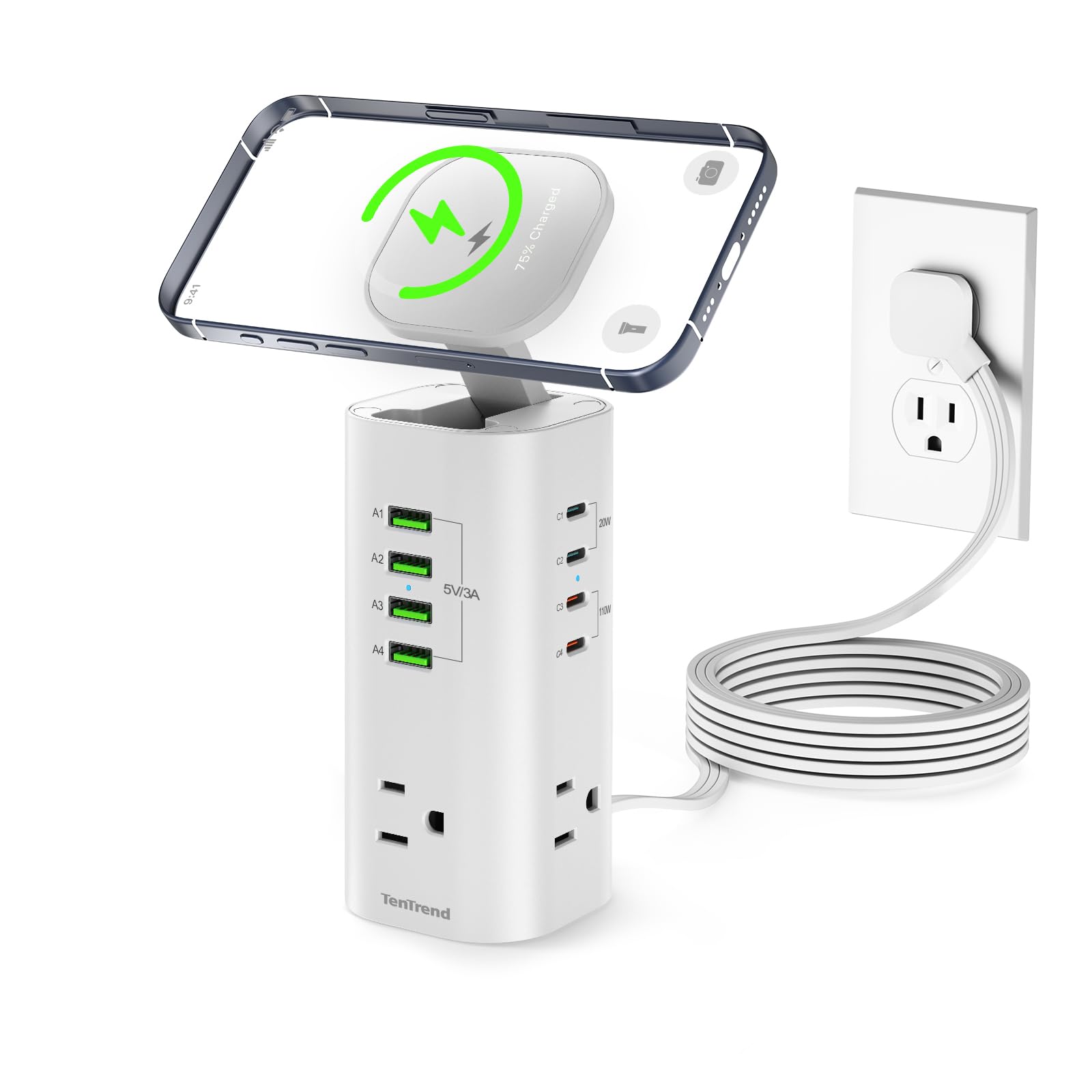 Tower Power Strip Surge Protector with 3 AC Outlets & 8 USB Ports (4 USB-C), TenTrend 160W Fast Charging Station, 5 FT Flat Plug Extension Cord with