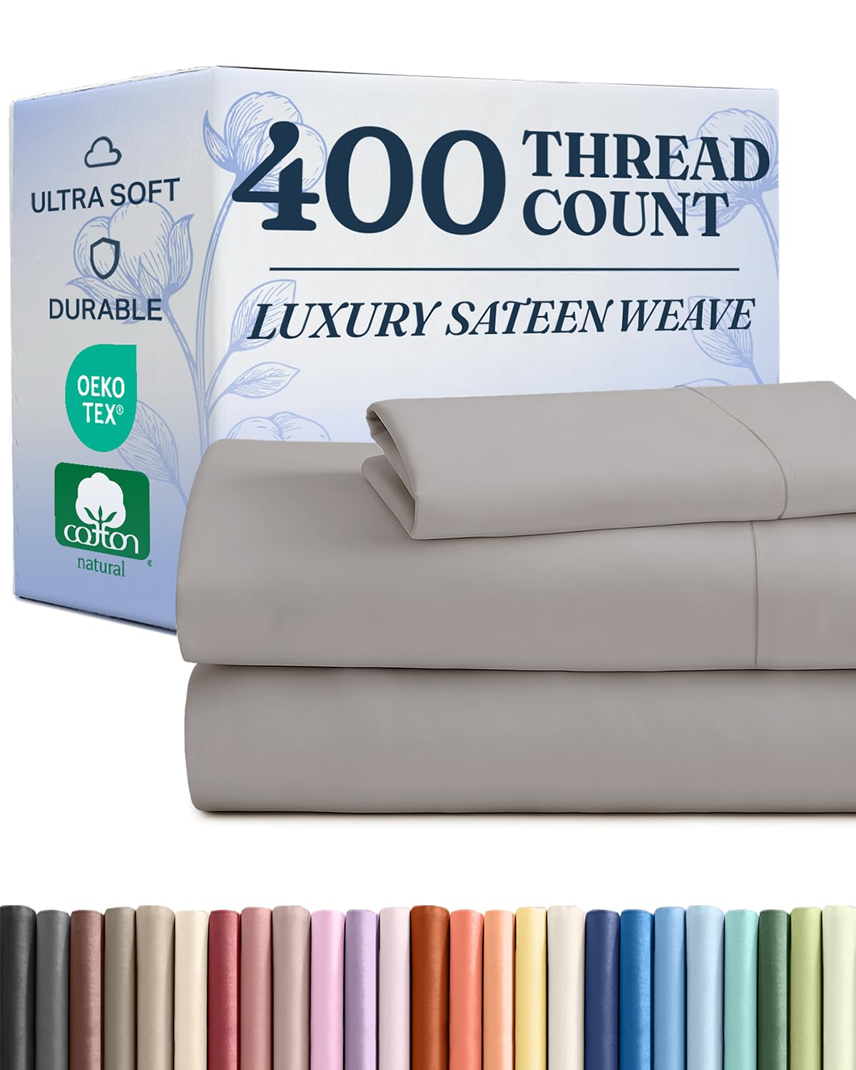 cgk unlimited 400 thread count cotton bed sheet set - 100% cotton sheets - sateen cotton - fits 8" to 16" mattress - silky-soft, hotel quality bedding linens, twin xl, light grey