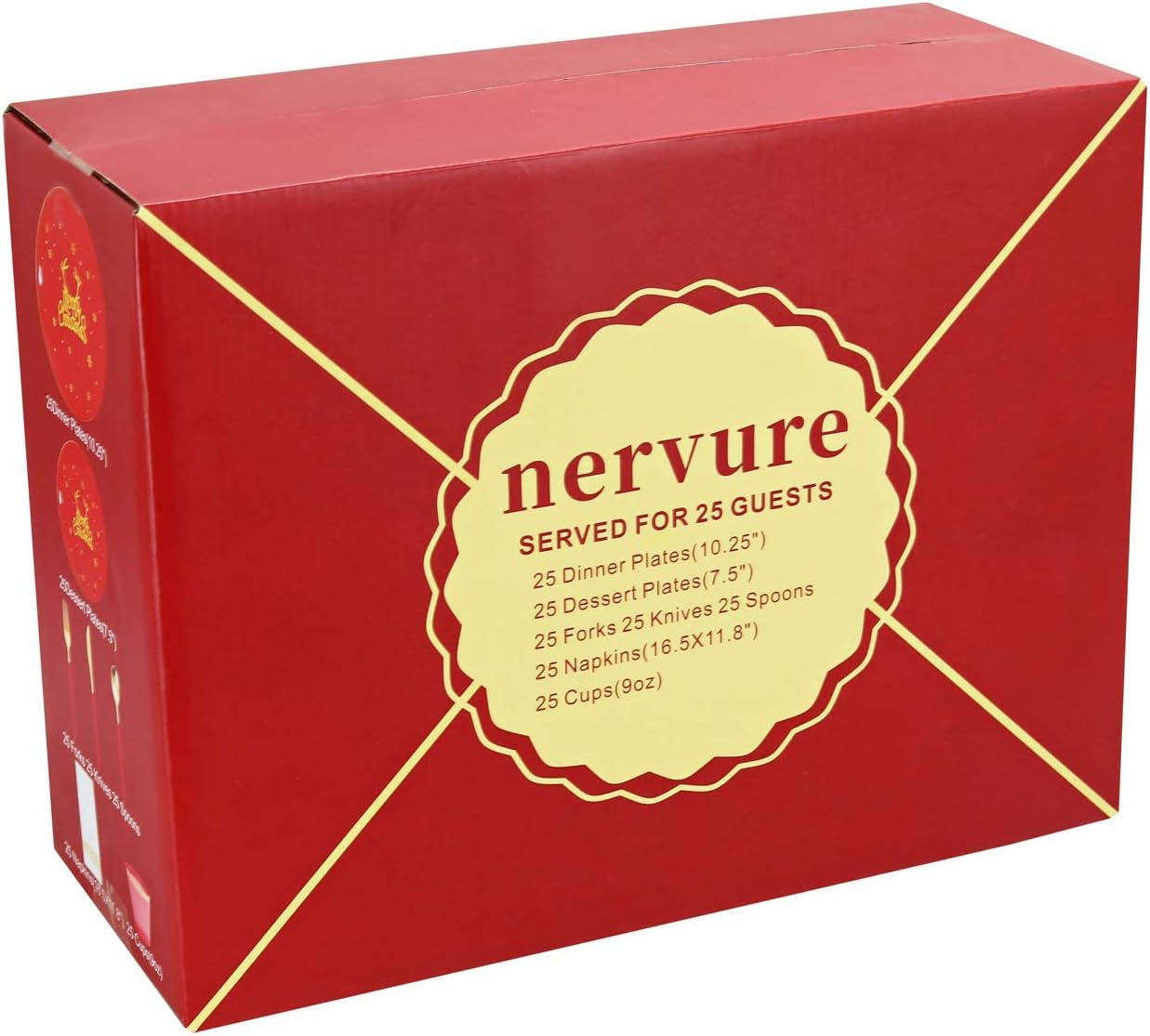 Nervure 175PCS Christmas Plastic Plates - Red and Gold Disposable Plates & Gold Plastic Silverware with Red Handle include 50 Plates 25Knives 25Forks 25Spoons 25Napkins for Christmas Party