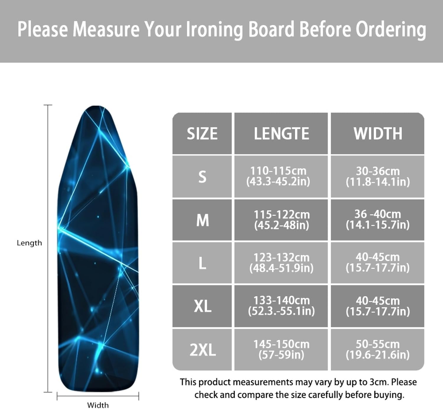Large Ironing Board Cover and Pad 59x19 Blue Neon Light Lines Iron Table Cover with Padding,Extra Wide,Resist Scorching and Staining,Heatproof,Adjustable Fastener Durable Stain