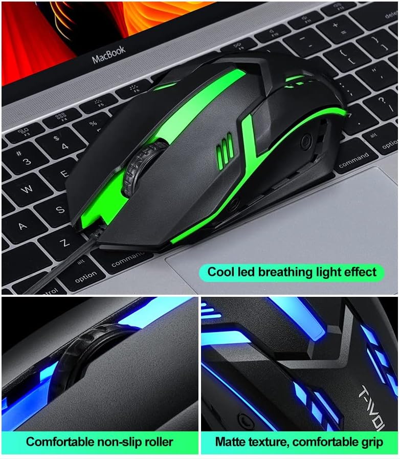 Close-up of T-WOLF TF230 mouse highlighting LED breathing light, non-slip roller, and matte texture