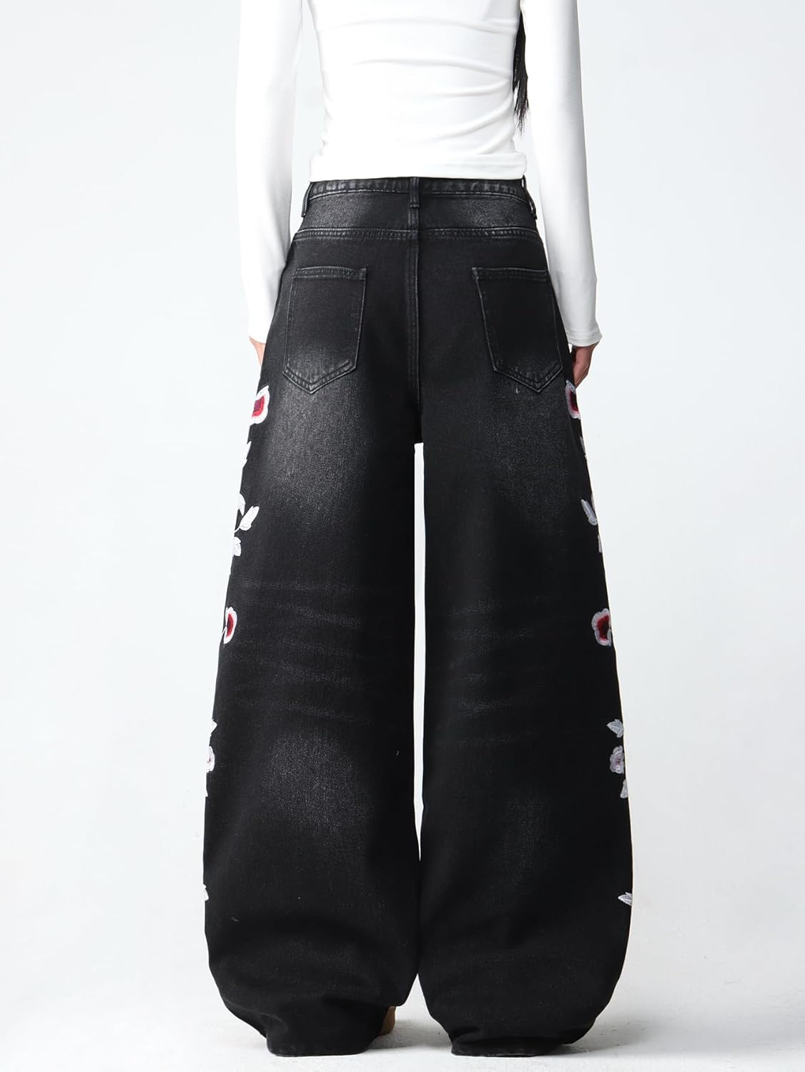 Women's Wide Leg Baggy Jeans Embroidered Stylish Denim Pants Hip Hop Relaxed Y2k Oversized Skater Trousers Streetwear