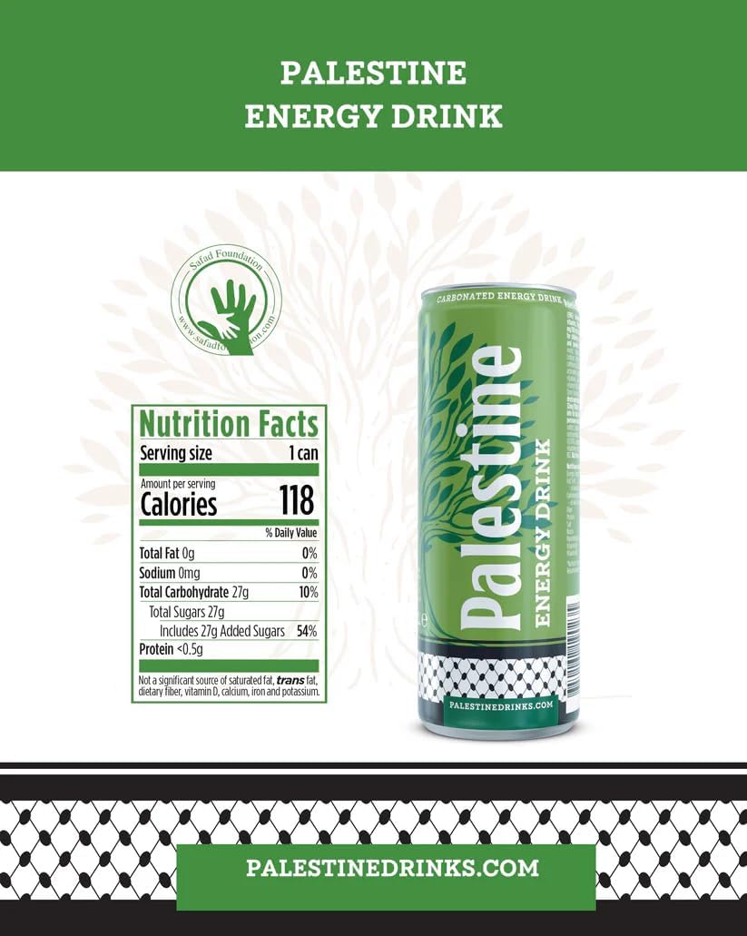 Palestine Drinks Energy Drink - 250ml Slim Can (Pack of 24) Refreshing Carbonated Soft Drink with Iconic Cultural Design - Premium Crisp Flavor