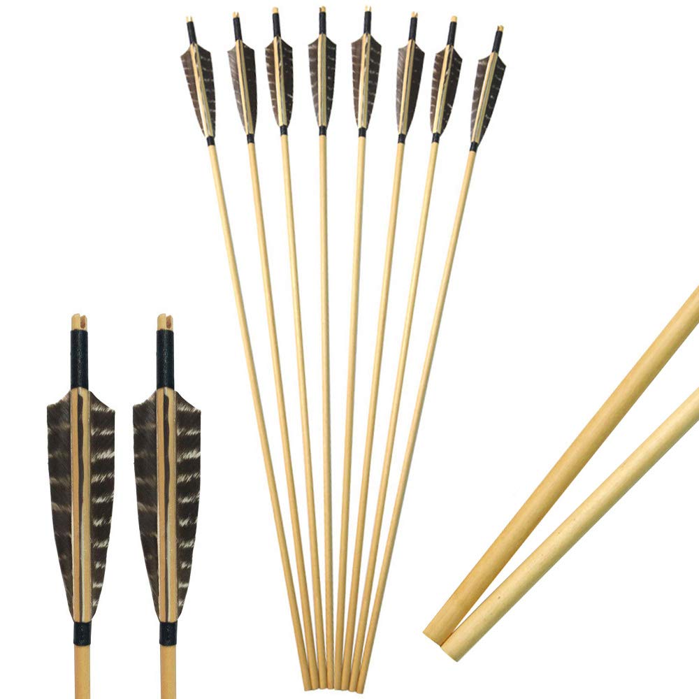 SHARROW 12pcs Tir à l'arc Flèches en Bois 31" Arbre de Flèches en Bois avec 5" Plumes de Flèche Naturelles pour Arc Classique Recurve Arc Longbow