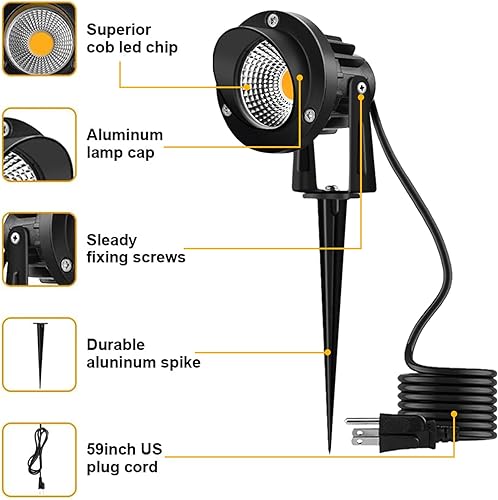 Vista 3 de Romwish 120V LED Landscape Spotlights, 10W Outdoor Spotlights for Yard, 3000K Warm White, 120V AC Spot Light with Ground Spike, Waterproof Landscape