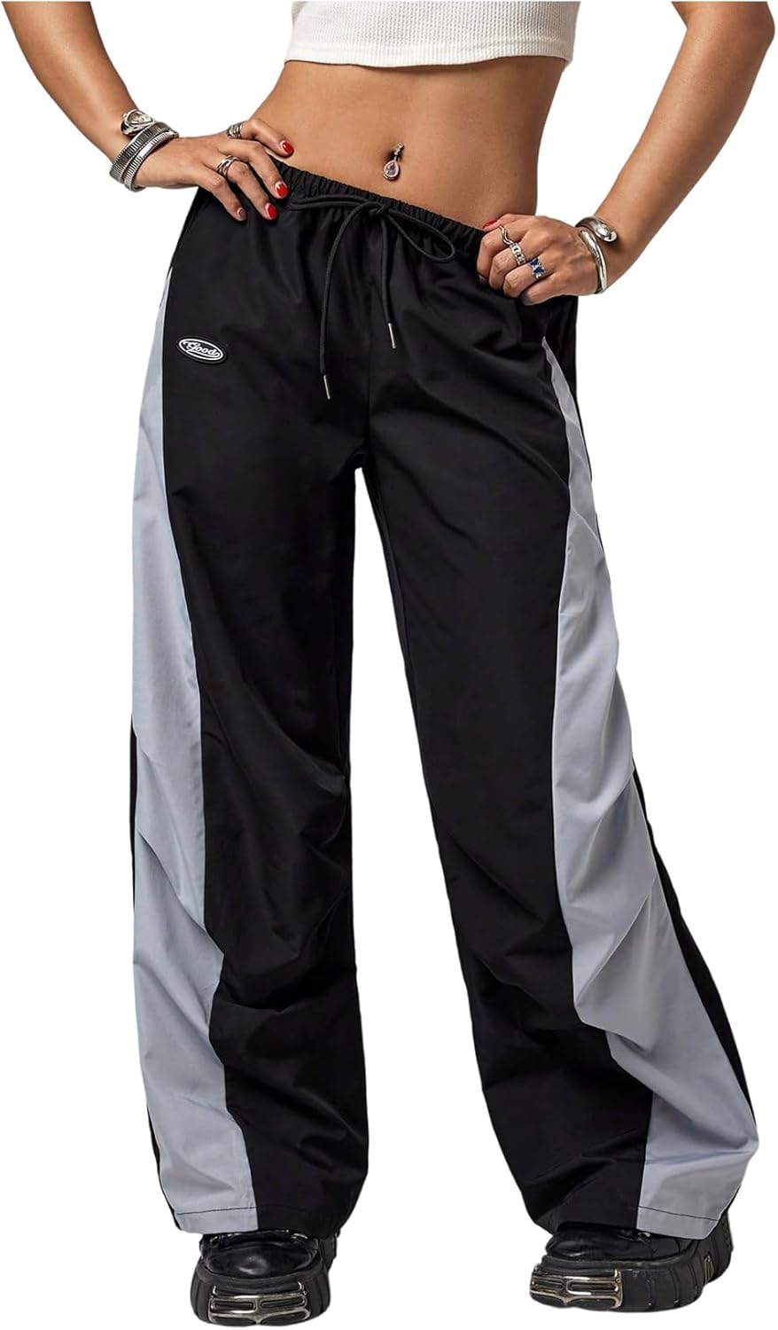 SOLY HUX Women's Color Block Baggy Pants Y2k Drawstring Elastic Waist Wide Leg Parachute Track Pants Streetwear