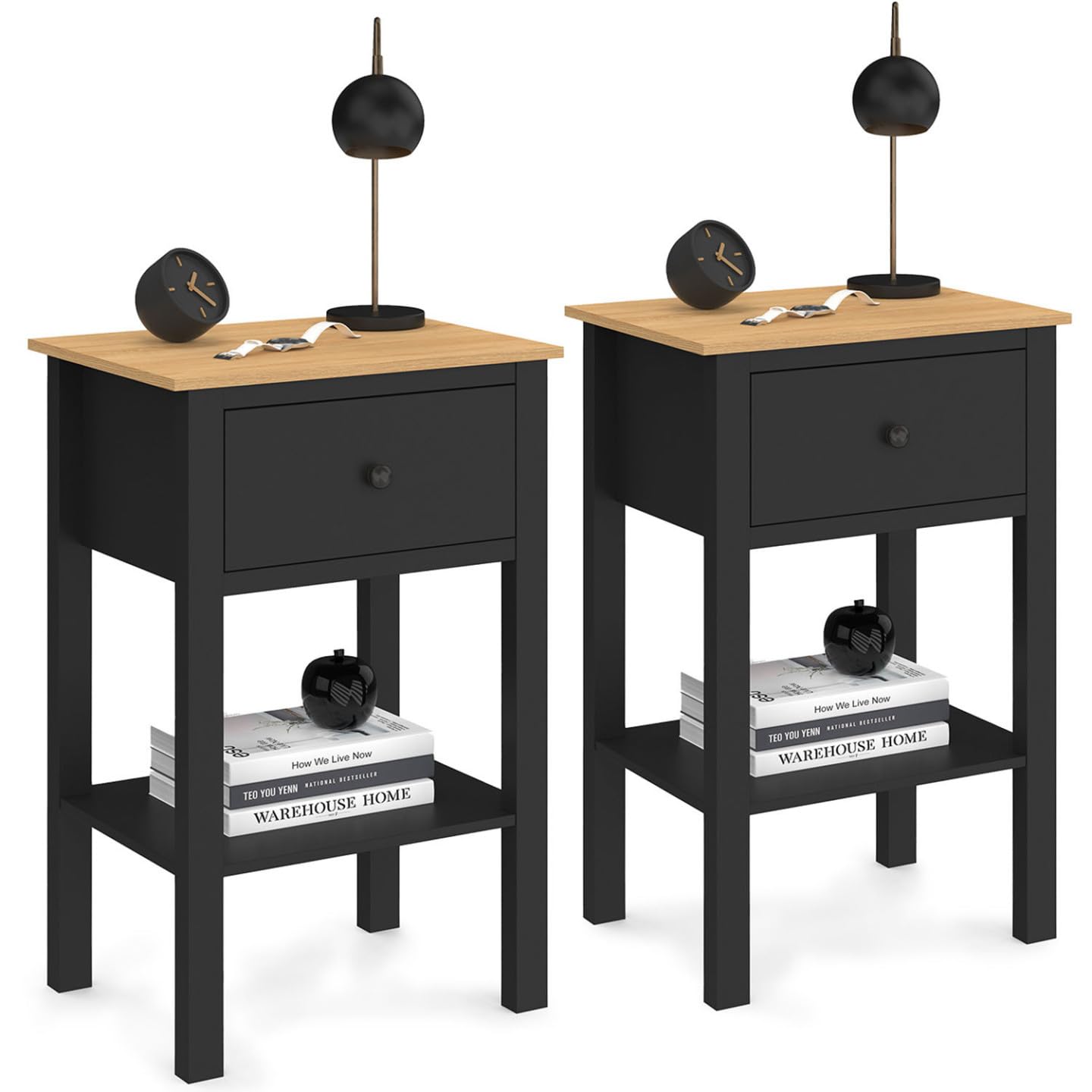 IDMarket - Lot de 2 Tables de Chevet Achille Noir et Plateau Bois