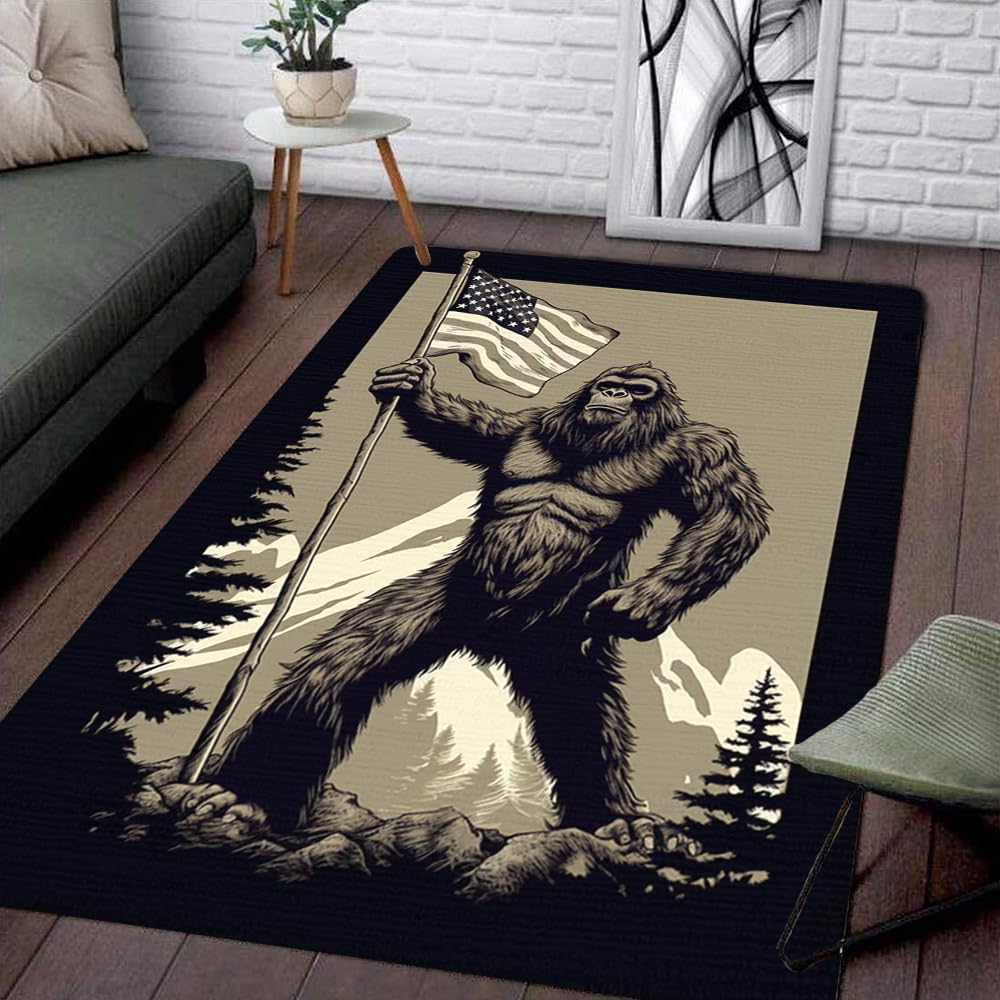 MANTIGO Bigfoot Rugs, Sasquatch Area Rug Indoor Outdoor, Bigfoot in Forest Pattern for Living Room Bedroom Decor, Bigfoot Mat Entrance Front Door Rug