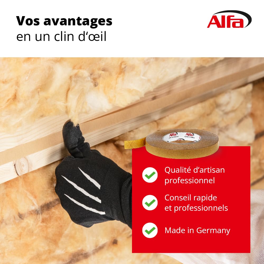 Alfa Ruban adhésif double face pour pare-vapeur – 20 mm x 50 m – 4 pièces | Fixation pour frein-vapeur et membrane de sous-toiture, sans solvants, usage intérieur et extérieur, remplace l’agrafage